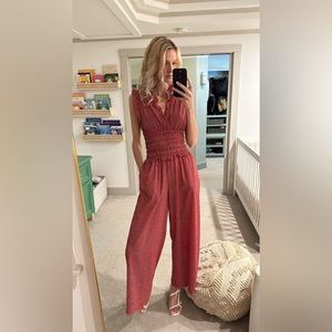 Max Studio | Red & Cream Stripe Dash Shirred-Waist V-Neck Jumpsuit - Women